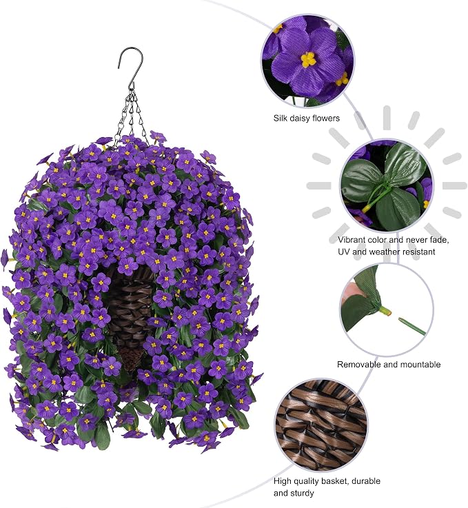 Artificial Fake Outdoor Hanging Flowers Plants Basket for Outside Porch Decoration, Fake Silk Purple Daisy Flower UV Resistant Look Real Orchid Traing Vines for Home Balcony Yard Patio Garden Decor