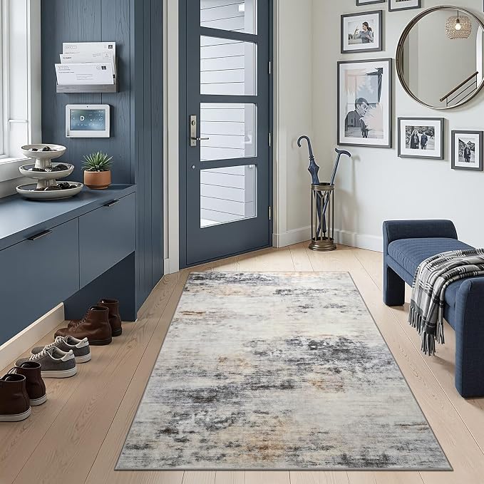 Toneed 3x5 Washable Non Slip Area Rugs for Bedroom Living Room, Grey/Brown | Abstract Soft Modern Low Pile Rug for Kitchen Hallway Office,Indoor Carpet for Kids Nursery Home Decor