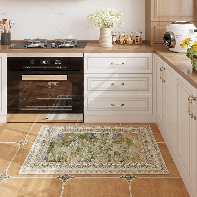 Rugcomf 2x3 Rug Impressionist-Style Vintage Indoor Door Mat Machine Washable Small Area Rug Non-Slip Low Pile Throw Rugs for Entryway Kitchen Front Door Indoor Entrance Entry Kids Room, Beige