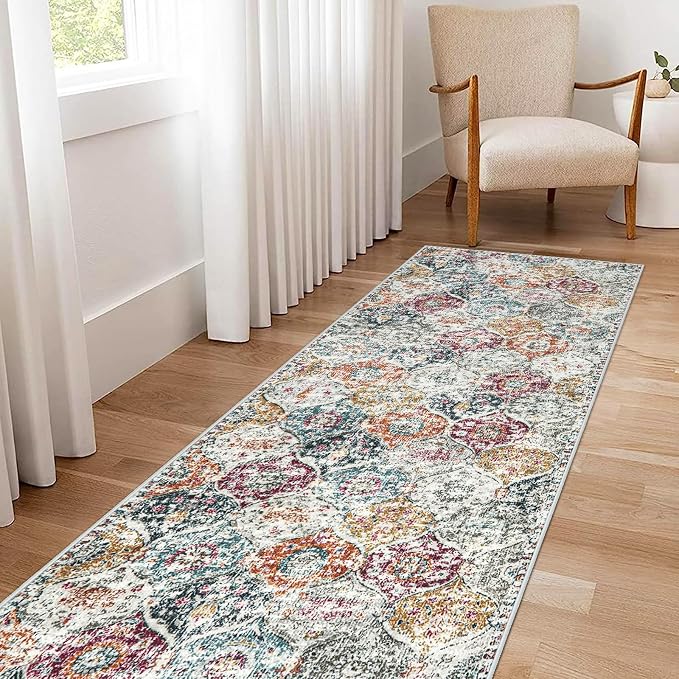 Lahome Moroccan Hallway Runner Rug, 2x6 Kitchen Runner Rugs Washable | Bthroom Non Skid Trellis Vintage Laundry Room Rug Ultra-Thin Carpet for Bathroom Bedroom Entryway Elise,Aqua/Multi