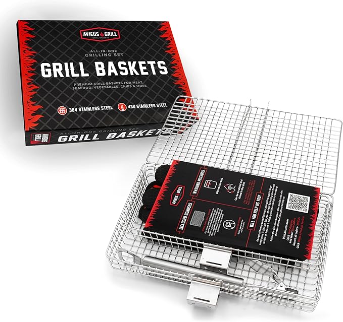 AVIEUS GRILL Grill Baskets for Outdoor Grill | 2 Grilling Baskets with Detachable Handle | Barbecue Grill Set with BBQ Gloves | Portable Camping Net Rack Perfect for Vegetables, Seafood & Meat