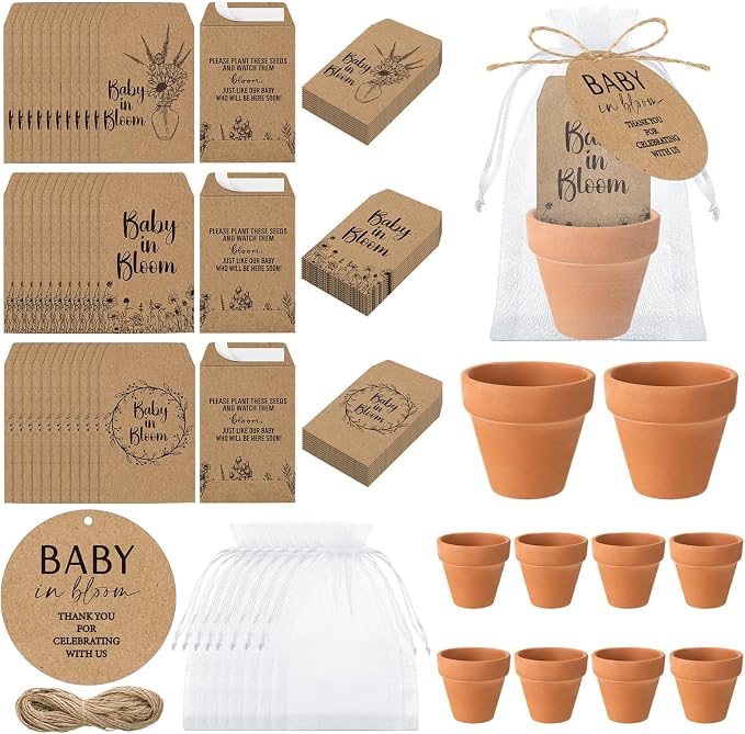 Reallnaive Baby Shower Party Favors Baby in Bloom Envelopes Seed Packets Include 48 Mini Terracotta Pots Seed Packets 48 Self Adhesive Envelopes Thank You Tags for Party(48 Pcs, Ceramic)