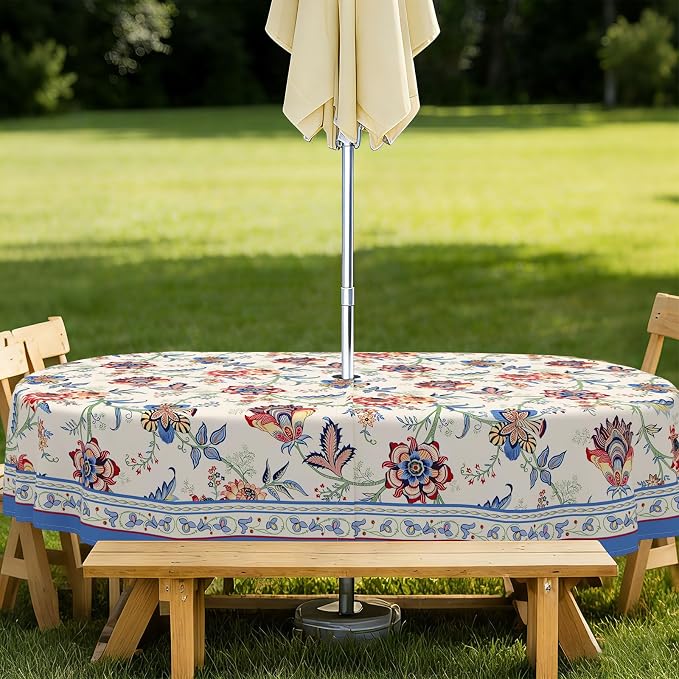 Vintage Flowers Outdoor Oval Tablecloth with Umbrella Hole 60" x 102" Waterproof Zipper Table Cloth for Garden - Ideal Patio Table Cover for Picnics, Camping, and Yard Use