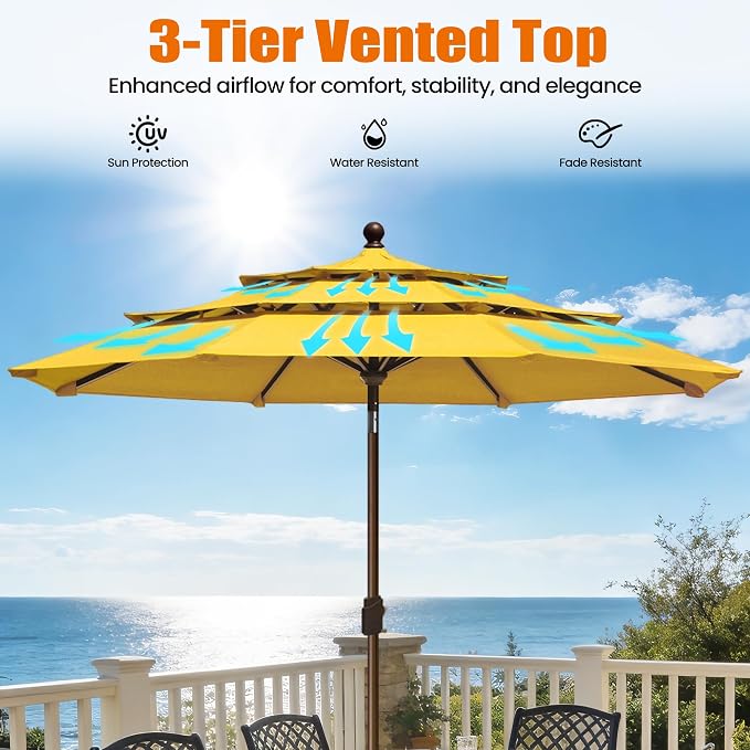 EliteShade USA 10-Year-Non-Fading 10ft 3-Tier Market Patio Umbrella, Commercial Grade Outdoor Table Umbrella with Crank Open, Windproof & UPF 50+ UV Protection, Heavy Duty Ventilation for Garden, Deck, Pool, Backyard, Beach & Bistro, Sunflower Yellow