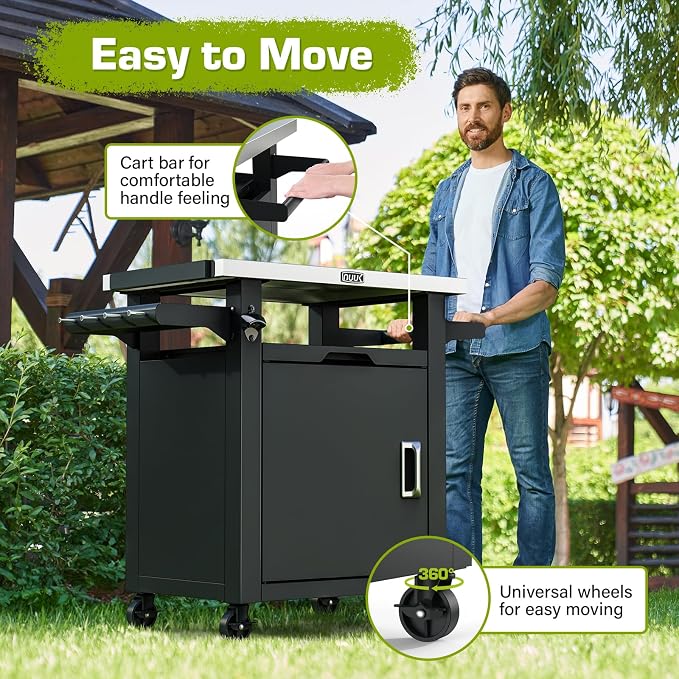 NUUK Grill Table with Storage Cabinet, Outdoor Bar Cart Pizza Oven Table with Wheels, Stainless Steel Top Kitchen Island 20" x 30" Rolling Prep Station for Indoor, BBQ, Deck, Backyard