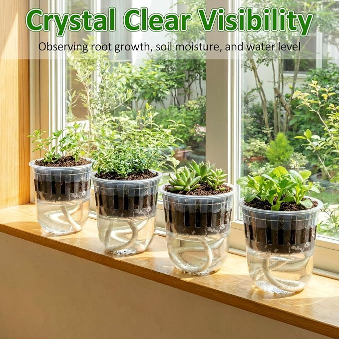50 Pcs 3.7 Inches Clear Hydroponic Pots Kit Includes Self Watering Nursery Cups with Humidity Domes, Grow Baskets & Absorbing Wicks Reusable Seed Pots for Indoor Plants Herbs Seedling