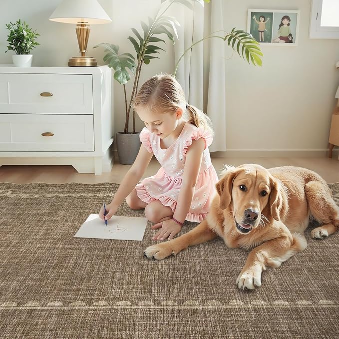 GarveeHome Scalloped Bow Rug 4x6 Washable Brown Rug for Bedroom Living Room | Non Slip Soft Low Pile Indoor Carpet for Nursery Girls Bedroom Decor Hallway Kids Room College Dorm Playroom