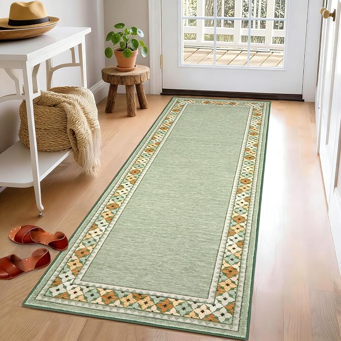 Garvee 2x6 Tribal Border Kitchen Rugs Washable Rugs for Hallway, Green | Floral Border Area Rug Stain Resistant Easy Cleaning Throw Rugs Low Pile Floor Cover for Bedroom Laundry