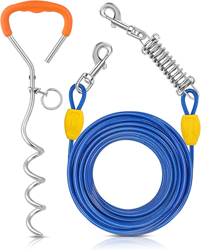 Petbobi Dog Tie-Out Cable and Stake - 50ft Heavy Duty Cable with Spring, No Tangle, 16in Ground Stake, Ideal for Outdoor Yard, Camping, Suitable for Small Medium Large Dogs Up to 120 lbs, Blue