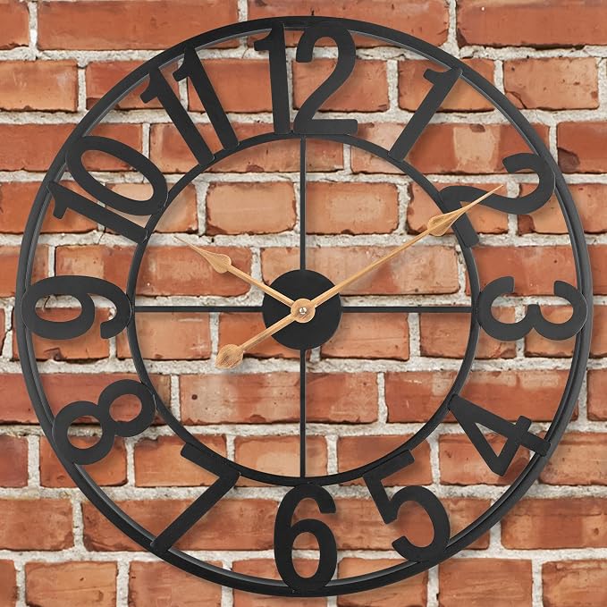 Outdoor Clock, 18 Inch Large Metal Wall Clock, Silent Battery Operated Retro Round Indoor Decorative Clock for Living Room, Kitchen, Bedroom, Patio, Pool, Garden, Fence, Lanai- Black