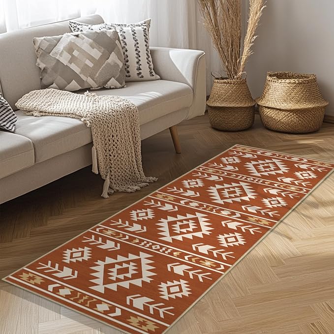 Western Runner Rug 2x6 for Hallway Kitchen Bedroom, Southwestern Aztec Tribal Runner Rugs Southwest Navajo Machine Washable Rug Non-Slip Printed Low-Pile Floor Carpet Mat for Living Room, Yellow Brown