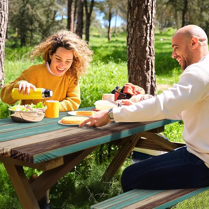 Teal Brown Picnic Table Cover with Bench Covers, Vintage Retro Wood Board Outdoor Camping Essentials 6FT 3PCS Fitted Rectangle RV Must Haves Tablecloth with Drawstring Bag