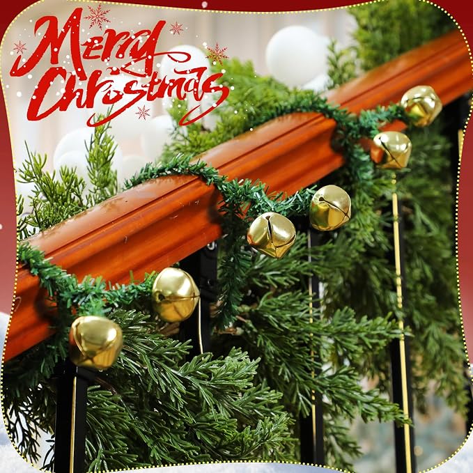 50 Pcs 20 Inches Christmas Garland Ties with Bells Decorative Twist Ties Garland Hanger for Banister Stairs Railing Garden Reusable Flexible Twist for Xmas Holiday Decorations (Gold)