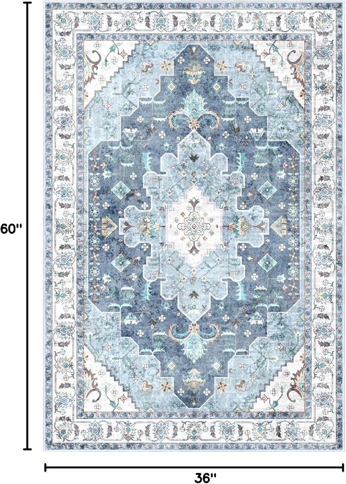SERISSA 3x5 Washable Non Slip Boho Area Rug for Bedroom | Ultra Soft Vintage Oriental Carpet Low-Pile Distressed Blue Throw Rug Carpet for Living Room Nursery Kitchen Dorm Decor