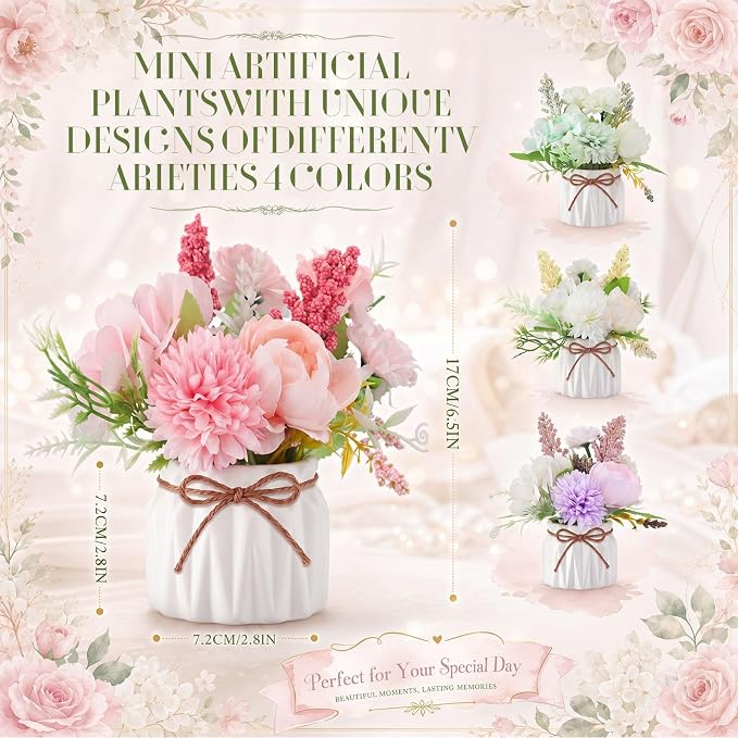 Cindeer 4 Pcs Large Artificial Potted Flowers Fake Potted Plants Plastic Faux Flowers for Home Decor Indoor Artificial Plants in Pots for Wedding Home Desk Tabletop Outdoor Office Kitchen (Elegant)