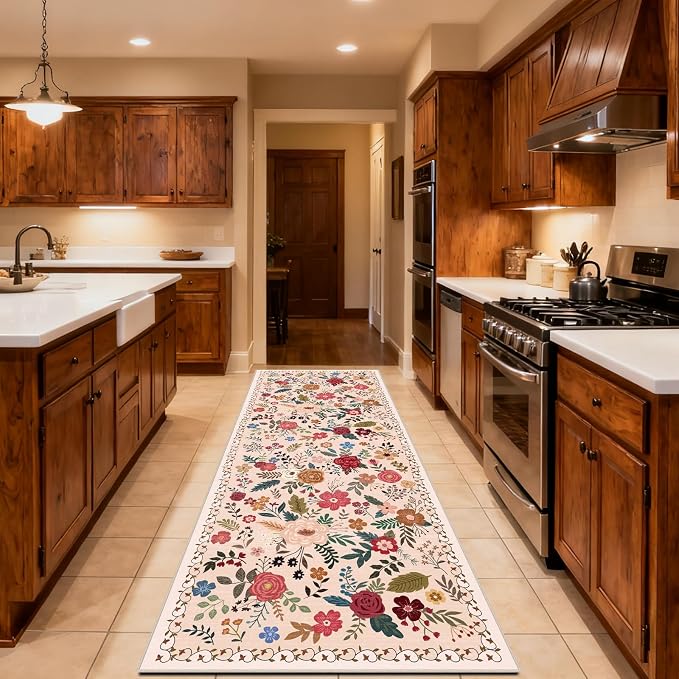 Washable Beige Red 2'6" x 8' Runners for Hallways, Non Slip Long Floor Runner for Kitchen, Entryway Indoor, Stain Resistant Rubber Backing Floral Décor Rug