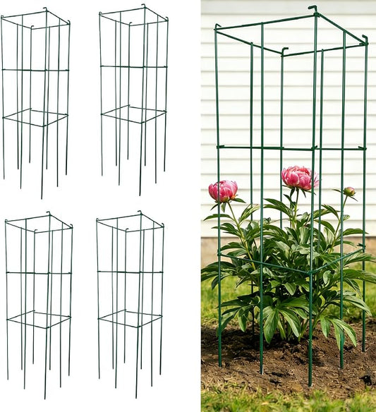 4 Pack 12x39 Inch High Green Folding Square Tomato Cages, Tall Plant Support Tomato Trellis Metal Plant Peony Cage