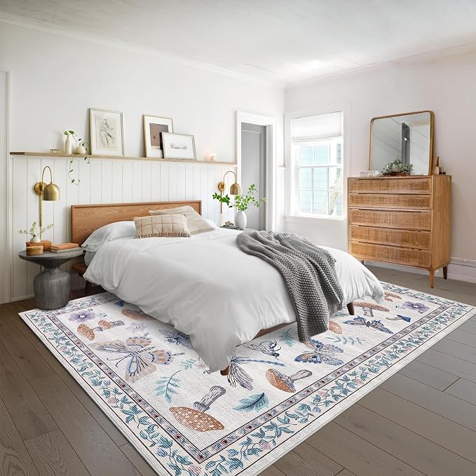 Mushroom Washable 8x10 Rug for Living Room Non Slip 8 x 10 Rug for Bedroom with Rubber Back Soft Low-Pile Stain Resistant Foldable Large Carpet for Office Nursery Dining Room Beige