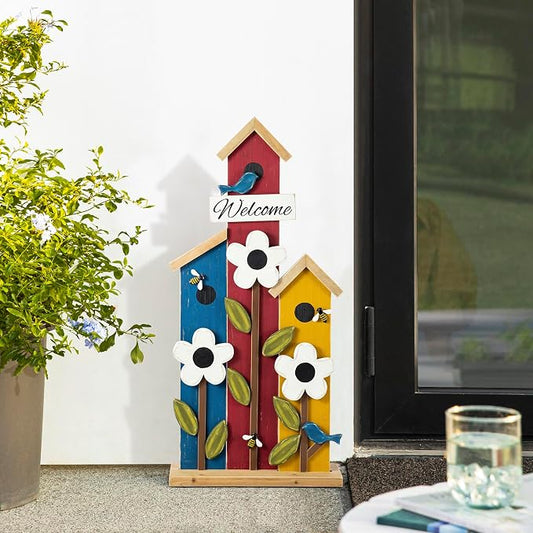 Glitzhome 30"H Welcome Yard Sign for Front Porch Standing, Wood Birdhouse Shaped Porch Board, All Seasonal Farmhouse Rustic Modern Porch Sign for Patio Front Door Outside