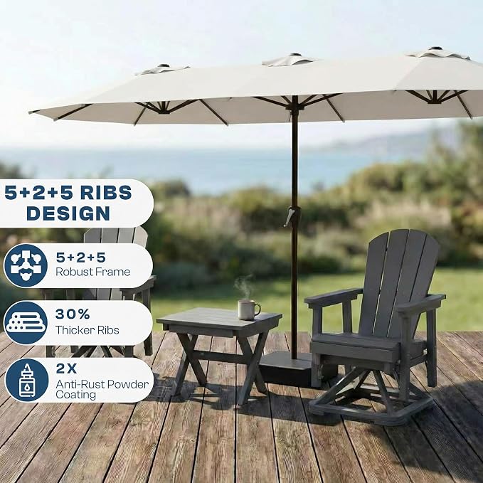 15FT Large Patio Umbrella with Base Included, Double Sided Outdoor Market Umbrella with Flexible Fiberglass Ribs, UV-Blocking Extra Large Umbrella for Garden, Pool, Deck, Creamy White