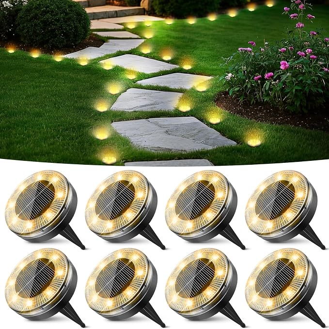 Peasur Mini Solar Ground Lights, 8 Pack Flat Solar Disc Lights Outdoor Waterproof, 2.3 Inch Small Solar Garden Lights Landscape Lighting for Outside Pathway Garden Yard Lawn Walkway,Warm White
