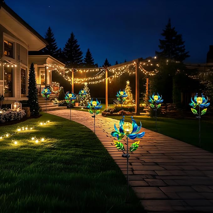 38-Inch Solar Wind Spinner Outdoor, Metal Kinetic Lotus Yard Art with Glass | Glowing Crackle Glass Light And Rotating Lotus Petals Create Eye-Catching Yard Art For Patios, Lawns And Garden Pathways