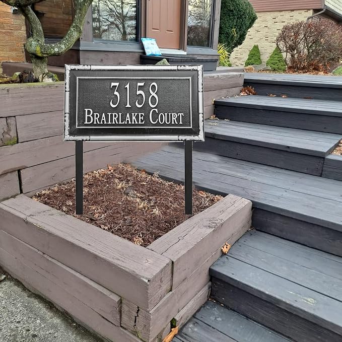Address Sign Lawn Mounted - Custom House Number Plaque Sign with 2 Metal Stakes,House Address Numbers for Outside House,Yard,Garden,Grass,Ground,Drive Way,Lawn,4 Colors, 12''x 6''