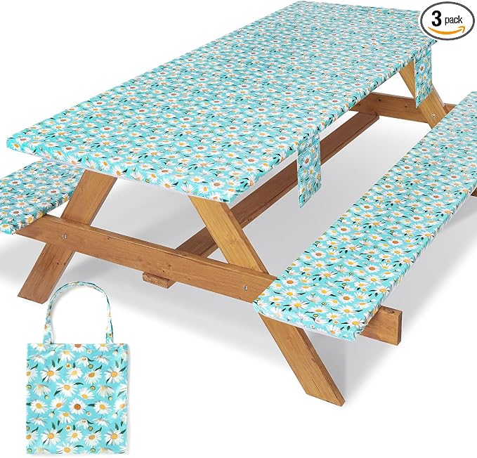 Jobunai Picnic Table Cover with Bench Covers Waterproof Camping Tablecloth with Elastic for 6 Foot Rectangle Tables Outdoor Travel Essentials list Summer Rv Vacation Finds Gifts Ideas for Mens Womens