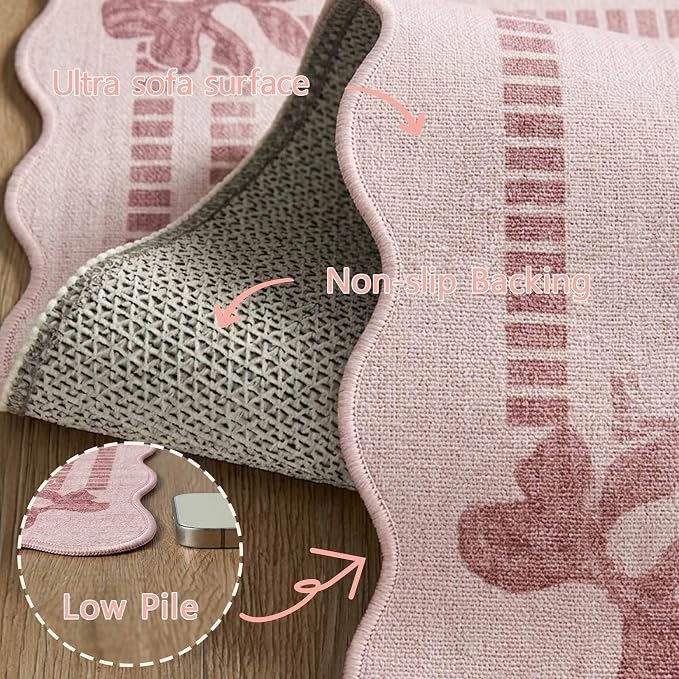 Latte&Fog Washable 6x9 Area Rugs for Living Room Scalloped Pink Rugs Girls | for Dining Kitchen Kids Nursery Playroom Guest Room Classroom Dorm Farmhouse Office, Non Slip Low Pile Soft Bow Carpets