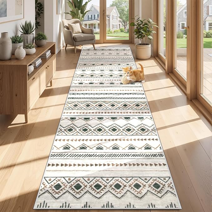 Runner Rug 2x8 Boho Geometric Area Rugs: Washable Kitchen Rug, Soft Non Slip Moroccan Long Hallway Rugs for Bedroom Bathroom Laundry Entryway Staircase Foyer(Brown Green,2'x8')