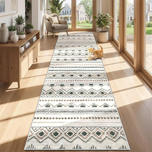 Runner Rug 2x8 Boho Geometric Area Rugs: Washable Kitchen Rug, Soft Non Slip Moroccan Long Hallway Rugs for Bedroom Bathroom Laundry Entryway Staircase Foyer(Brown Green,2'x8')
