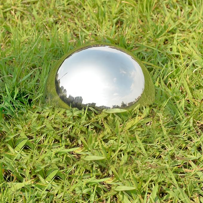 Gazing Ball Garden Mirror Globe, 8 Inch Polished Hollow Ornament Sphere | Stainless Steel Floating Reflective Hemisphere for Home Outdoor Pond Housewarming Swimming Pool Decoration, Silver