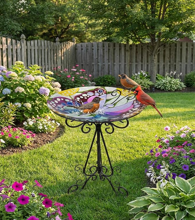 Large Bird Bath for Outside, 18" D Glass Bath Bowl with Metal Stand 28" H Standing Outdoor Birdbaths for Garden Yard Lawn Decor, Butterfly-B