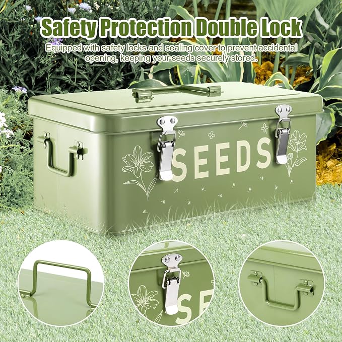 Seed box, Seed storage box, Garden seed organizer | 50 Seed Envelopes, 100 Plant Labels (5 Colors), 50 Plant Clips, 4 Compartments Garden Seed Bin with Safety Locks-Green
