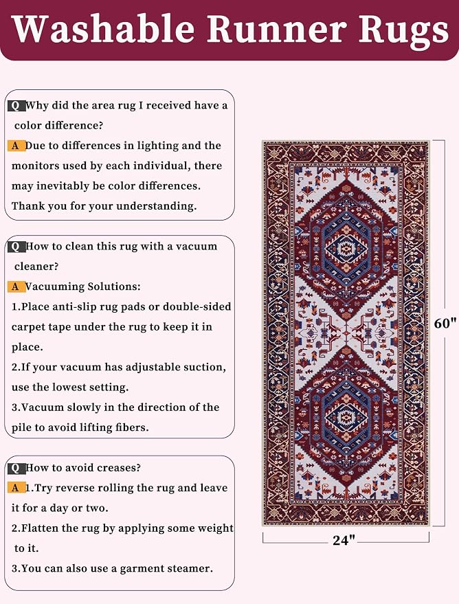 SERISSA 2x5 Washable Non Slip Boho Runner Rug for Hallway | Ultra Soft Vintage Oriental Carpet Low-Pile Burgundy Navy Floor Carpet for Kitchen Bedroom Bathroom Laundry Living Room