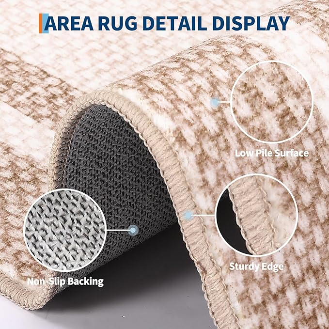 COZYLOOM Modern Border Kitchen Rugs Non Slip Washable 2x8 Runner Rug,Beige | Neutral Solid Color Non Shedding Low Pile Minimalist Stain Resistant Foldable Soft Rug for Bedroom Entryway Hallway Bathroom