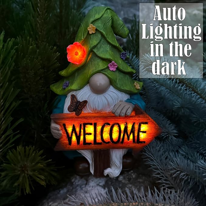 Mood Lab Garden Gnome - Solar Gnome Figurine with Welcome Sign - 9.1 Inch Decor Outdoor Lawn Statue with LED Lights