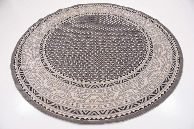 Unique Loom Williamsburg Collection Traditional Border with Dotted Center Area Rug, Round 8' 0" x 8' 0", Gray/Beige