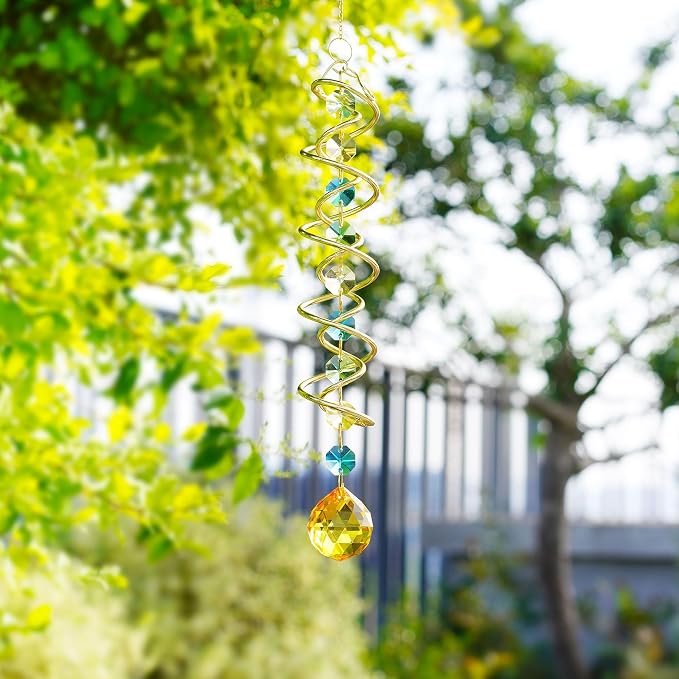 20.5in Yellow Crystal Gazing Ball Spiral Wind Spinner Suncatcher Decor | Yellow Crystal Ball Gazing Spiral Wind Spinner Rainbow Maker Sun Catcher Hanging for Outdoor Garden Patio Indoor Decor