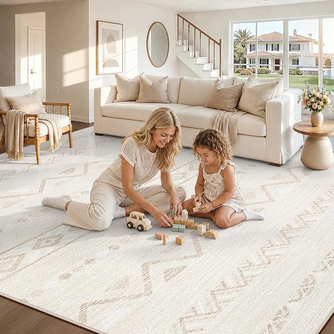 Zomfy Washable Rug 8x10 Area Rugs for Living Room(CreamBeige, 8'x10') | Geometric Boho Modern Rugs Large Non Slip Soft Carpet Low Pile No Shedding Print Rug for Bedroom Dining Room Home Office