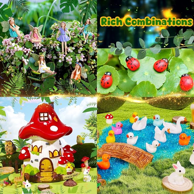 50 Pcs Fairy Garden Accessories Kit Miniature Mushroom House & Fairy Figurines Micro Landscape Kit with Animals & Furniture for DIY Crafts Outdoor Garden Mini House Decor Birthday Gift
