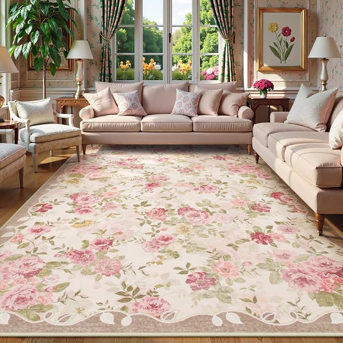 Lahome Vintage Floral 8x10 Area Rugs,Pink Large Living Room Rugs | Machine Washable, Low Pile Pink Rugs for Bedroom Girls Carpet for Nursery Rug Playroom Dining Room Nina(8'X10',Beige)