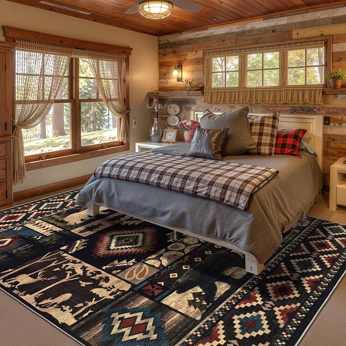 LOKHOM 8x10 Rustic Bear Area Rug, Washable Southwestern Lodge Cabin Rug | Bear Pattern, Non-Slip, Low Pile, Soft Vintage Wildlife Accent Floor Carpet, For Living Room Bedroom Dining Room Nursery