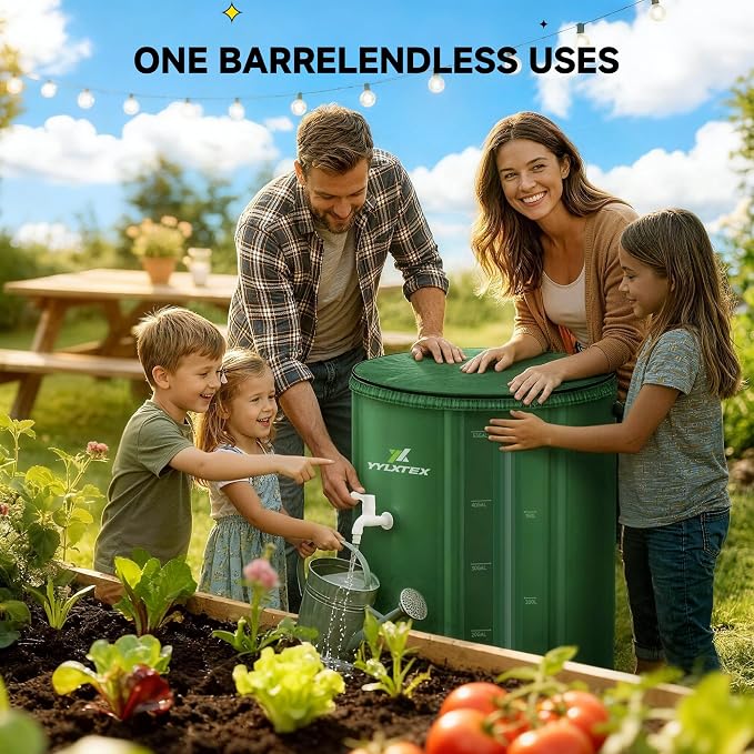 53 Gallon/200L Collapsible RainWater Collection Barrel,Water Tank&Reinforced with 2mm Frame Portable Rain Catcher,Includes Quick-Connect Tap&Sprinkler,Heavy Duty 0.6mm PVC for Long-Lasting Use,Green