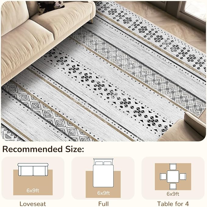 6x9 Area Rugs for Living Room Washable Moroccan Farmhouse Neutral Geometric Low Pile Non-Slip Soft Print Pattern Rug for Bedroom Kitchen Dining Room Entryway Black/Brown | Vacuum Friendly, Machine Washable, Non-Slip Rug, Stain Resistant, Moroccan Geome...