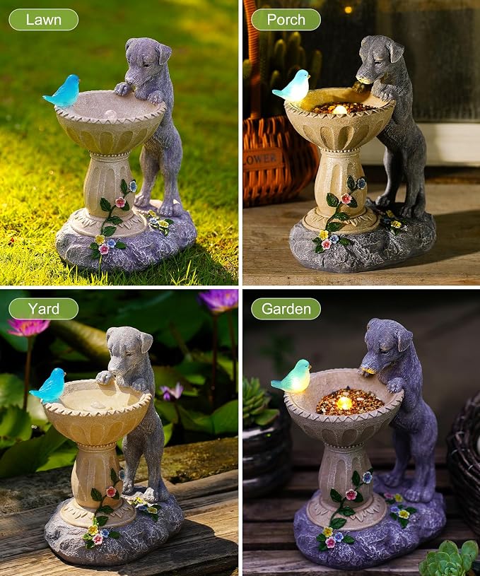 Nacome Solar Dog Garden Statues: Weatherproof Resin Decor | Outdoor Yard Lawn Patio Balcony Decorations, Gifts for Mom Grandma Women Bird Lovers, Automatic Warm LED Light