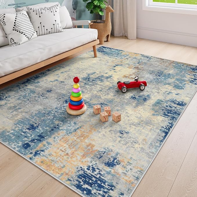 Lahome Modern Abstract 6x9 Area Rugs for Living Room, Washable Accent Bedroom Rug Low Pile Stain Resistant, Blue Soft Indoor Contemporary Carpet for Dining Room Table Apartment