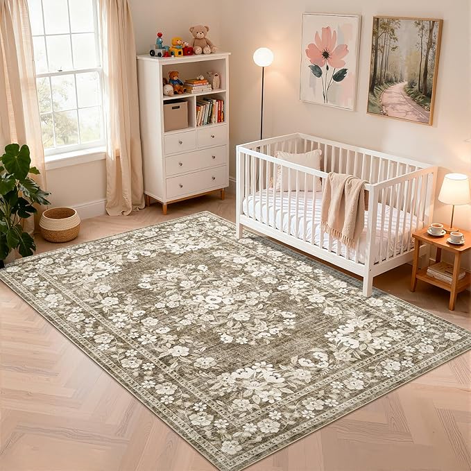 GarveeHome 5x7 Washable Rug for Bedroom Vintage Bordered Carpets | Non-Slip Low Pile Botanical Accent Mats Vintage Flower Throw Floor Cover Floral Rugs for Living Room Dining Room Brown
