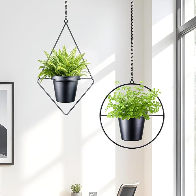 Modern Metal Hanging Planters Set of 2 - Round and Diamond Geometric Plant Hangers with 5 Inch Pots - Black Wall and Ceiling Mount Flower Holders for Indoor Houseplants, Boho Home Décor