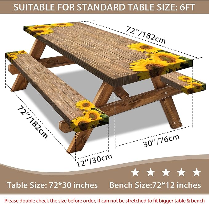 Picnic Table Cover with Bench Covers 6FT Sunflower Waterproof Fitted Picnic Table Cloths Wood Texture Outdoor Elastic Picnic Tablecloth Outdoor Camping Essentials(3pcs-72")